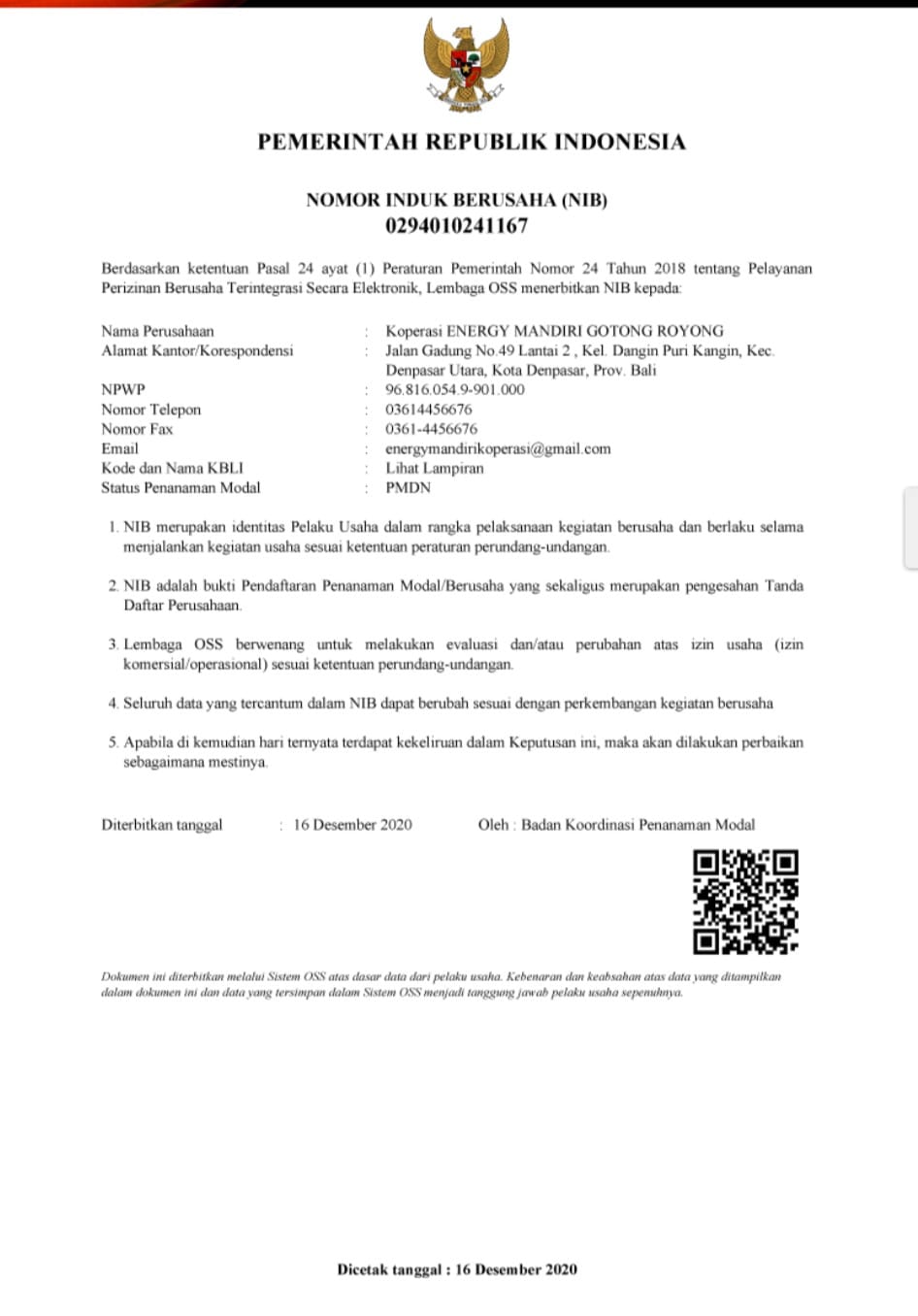 Nomor Induk Berusaha (NIB)